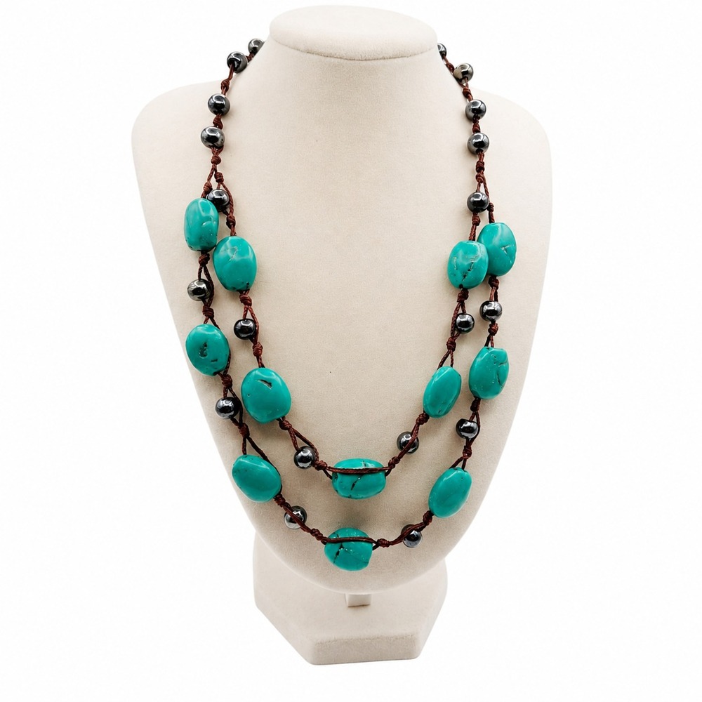 Turquoise Blue Stone Hematite Bead Necklace Adjustable Double Strand Boho